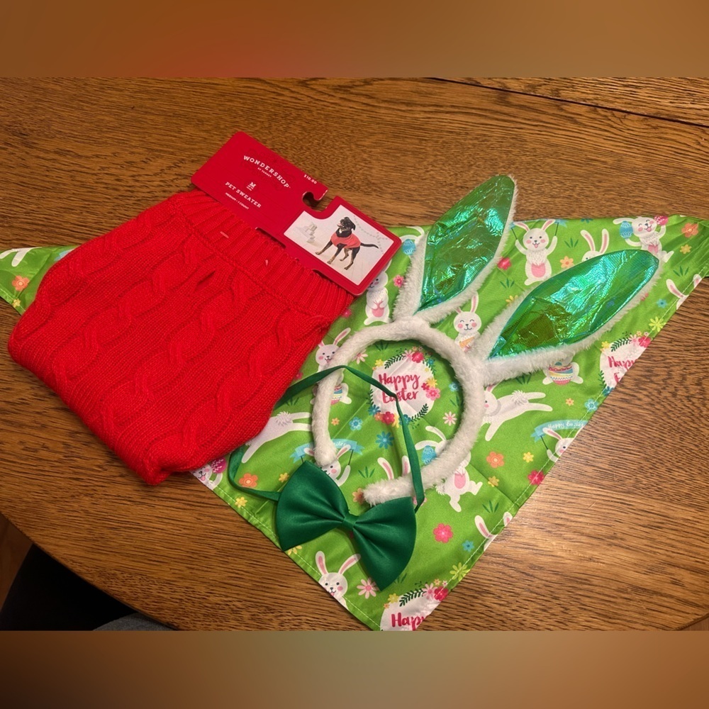 New Pet bundle! Easter bunny ears, bow tie, tie triangle bandana & med sweater